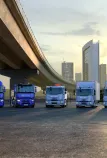 Renault Trucks E-TECH 2025 range with the Kleuster cargo bike, and without Renault Trucks E-Tech Trafic, with vehicles in launch colors, with Renault Trucks E-Tech D 12 / D 14 and Renault Trucks E-Tech T 780 The selection of the truck cutouts can be retrieved in Photoshop in the Layers window by selecting the Alpha layer. and downloading the source file.