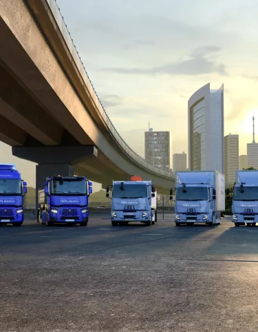 Renault Trucks E-TECH 2025 range with the Kleuster cargo bike, and without Renault Trucks E-Tech Trafic, with vehicles in launch colors, with Renault Trucks E-Tech D 12 / D 14 and Renault Trucks E-Tech T 780 The selection of the truck cutouts can be retrieved in Photoshop in the Layers window by selecting the Alpha layer. and downloading the source file.